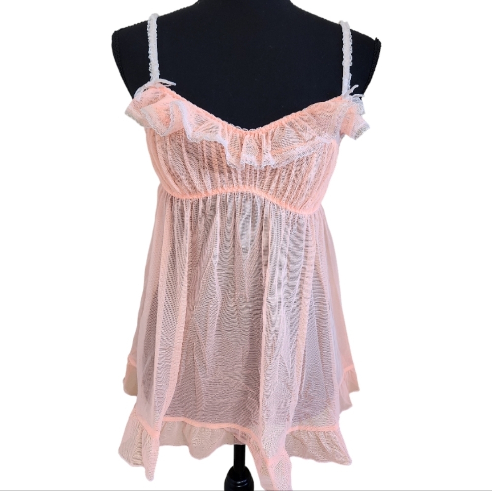 VICTORIA'S SECRET sheer ruffle lace babydoll chemise peach size small
